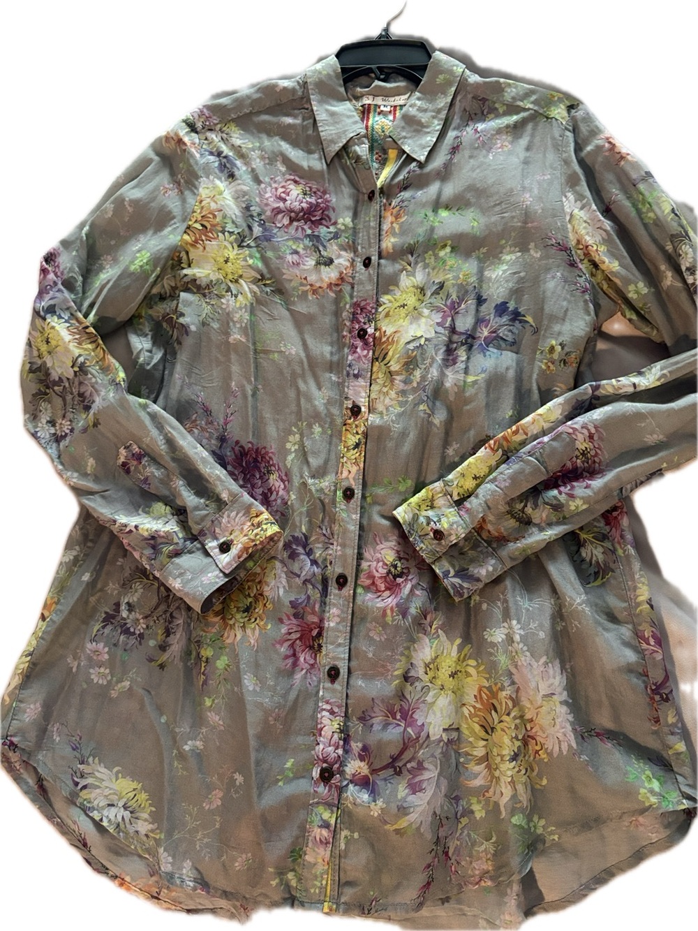 Johnny Was Workshop Republic Clothing Gray Floral Button-Down Long Shirt